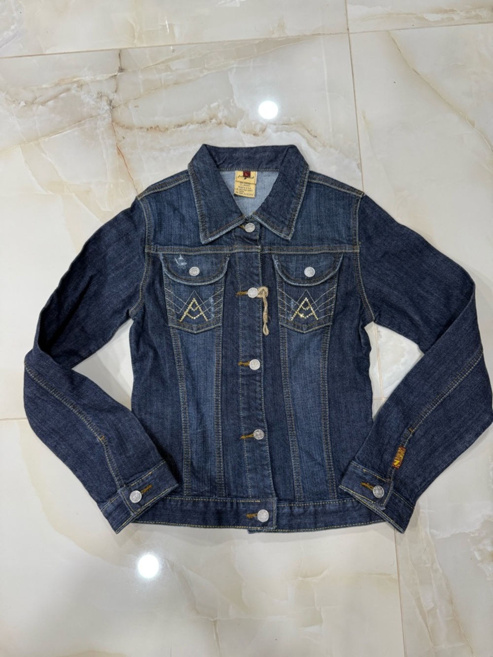 7 For All Mankind Dark Blue Denim Jacket with Embroidered Chest Pockets